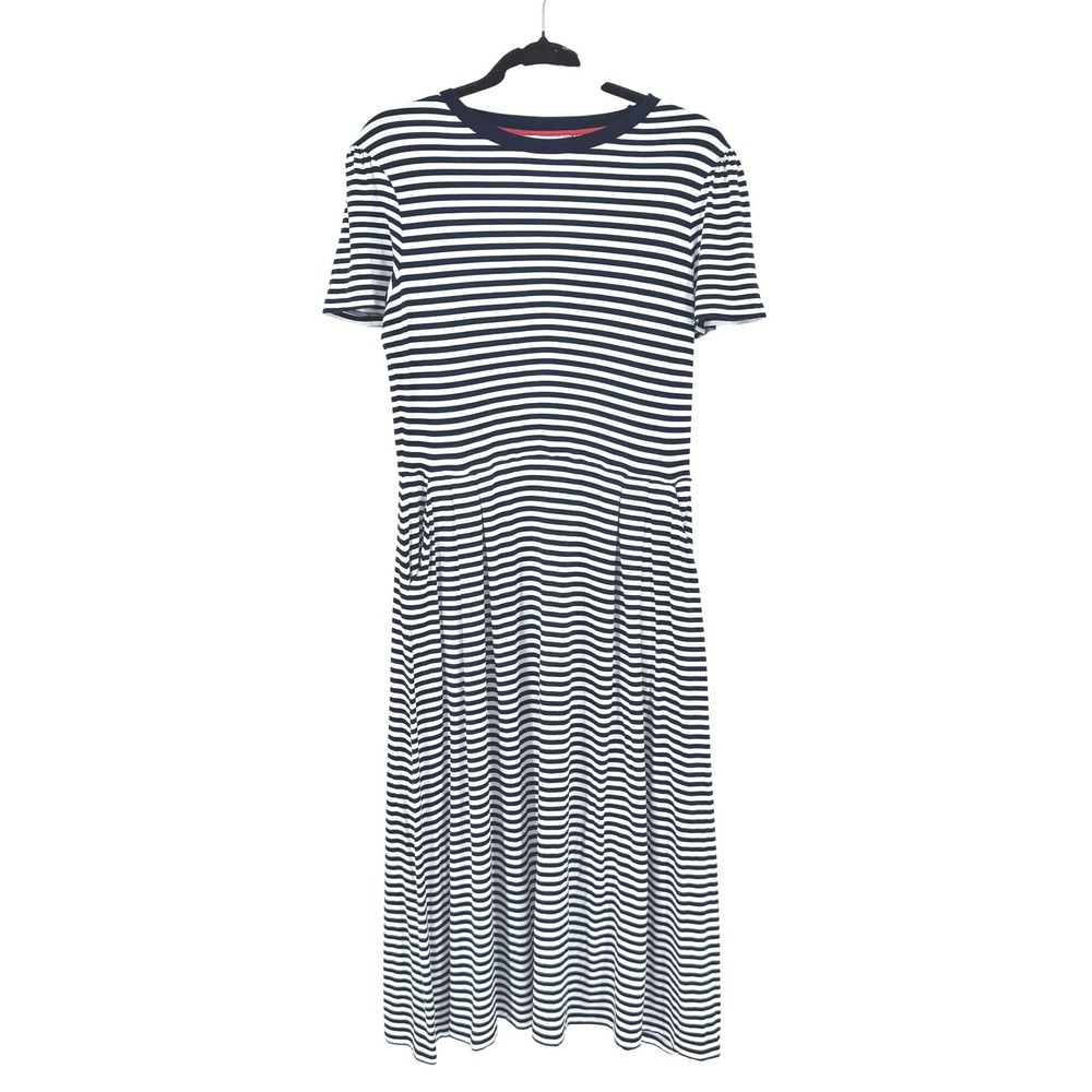 Boden‎ Nautical Blue White Striped Short Sleeve Midi Dress Coastal Pockets 10